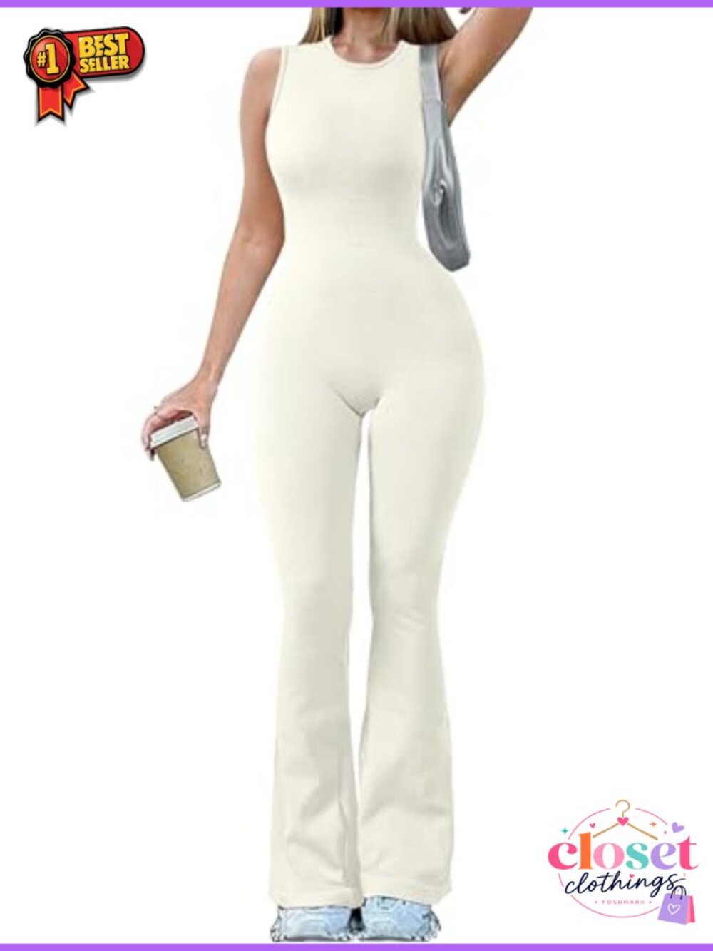 Ribbed Sleeveless Flare Jumpsuit Nylon Spandex Yoga Casual